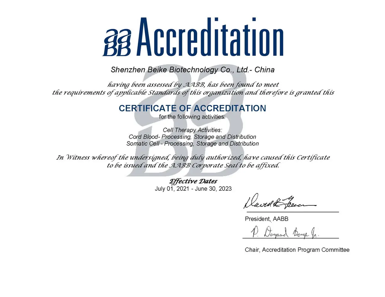 AABB accreditation certificate